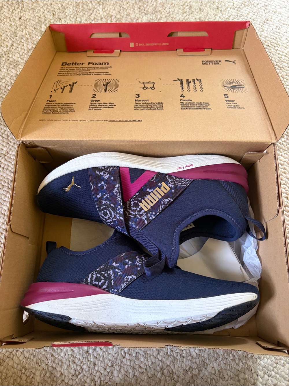 NIB! Puma Navy Floral-Accent Slip-On Sneakers with Pink NO TIE